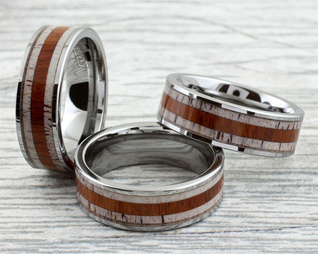 Tungsten Rings for Men Wedding Bands for Him Womens Wedding Bands for Her 8mm Deer Antler With Sandalwood Stripe Wedding Band - Jewelry Store by Erik Rayo