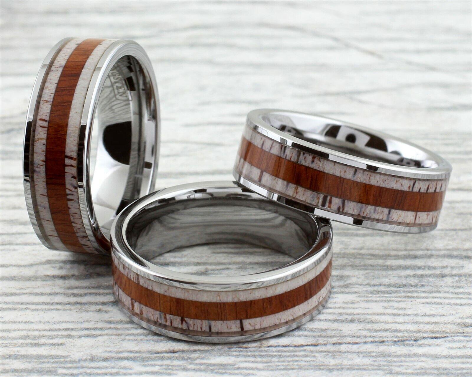 Tungsten Rings for Men Wedding Bands for Him Womens Wedding Bands for Her 8mm Deer Antler With Sandalwood Stripe Wedding Band - Jewelry Store by Erik Rayo