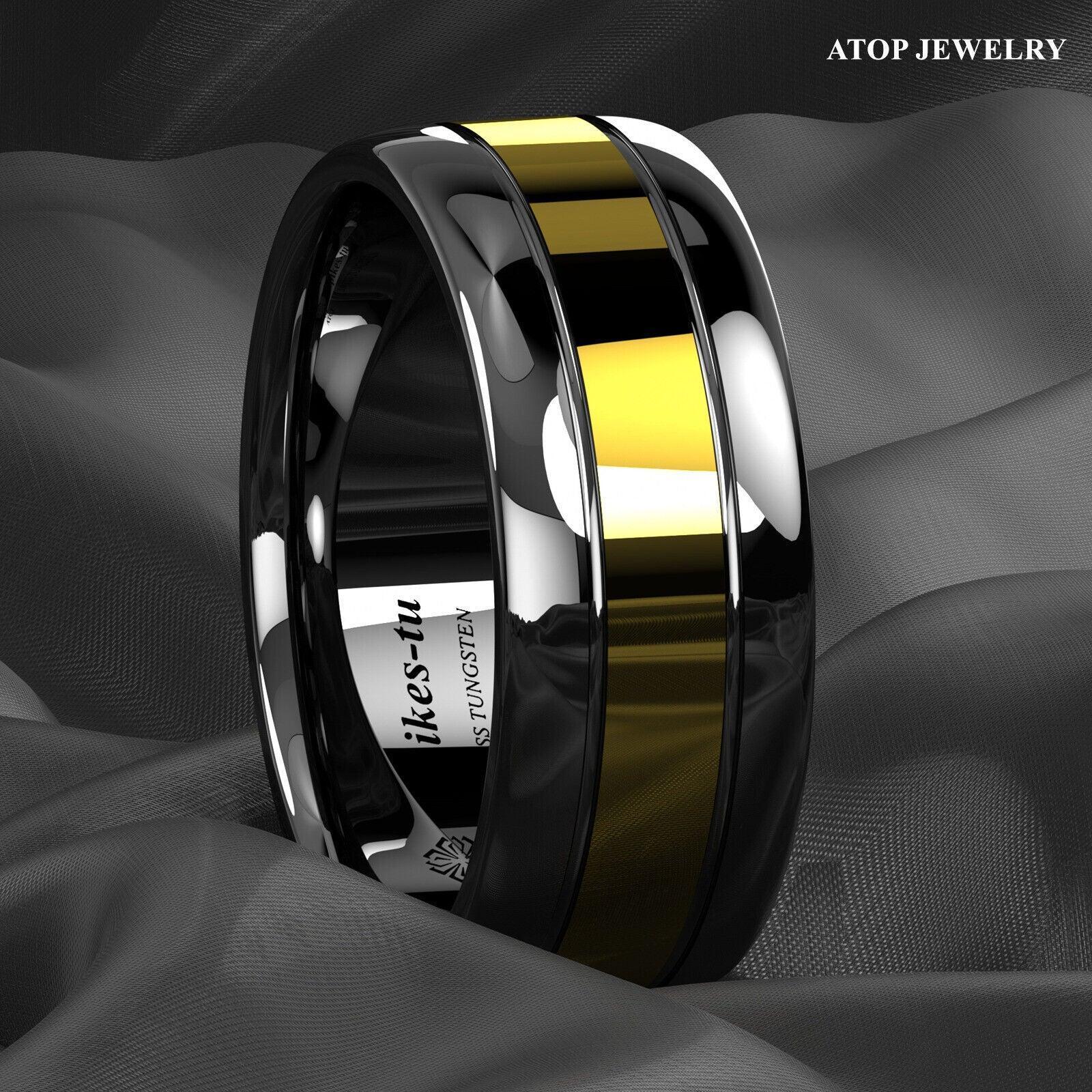 Tungsten Rings for Men Wedding Bands for Him Womens Wedding Bands for Her 8mm Dome Black Grooved Gold Center - Jewelry Store by Erik Rayo