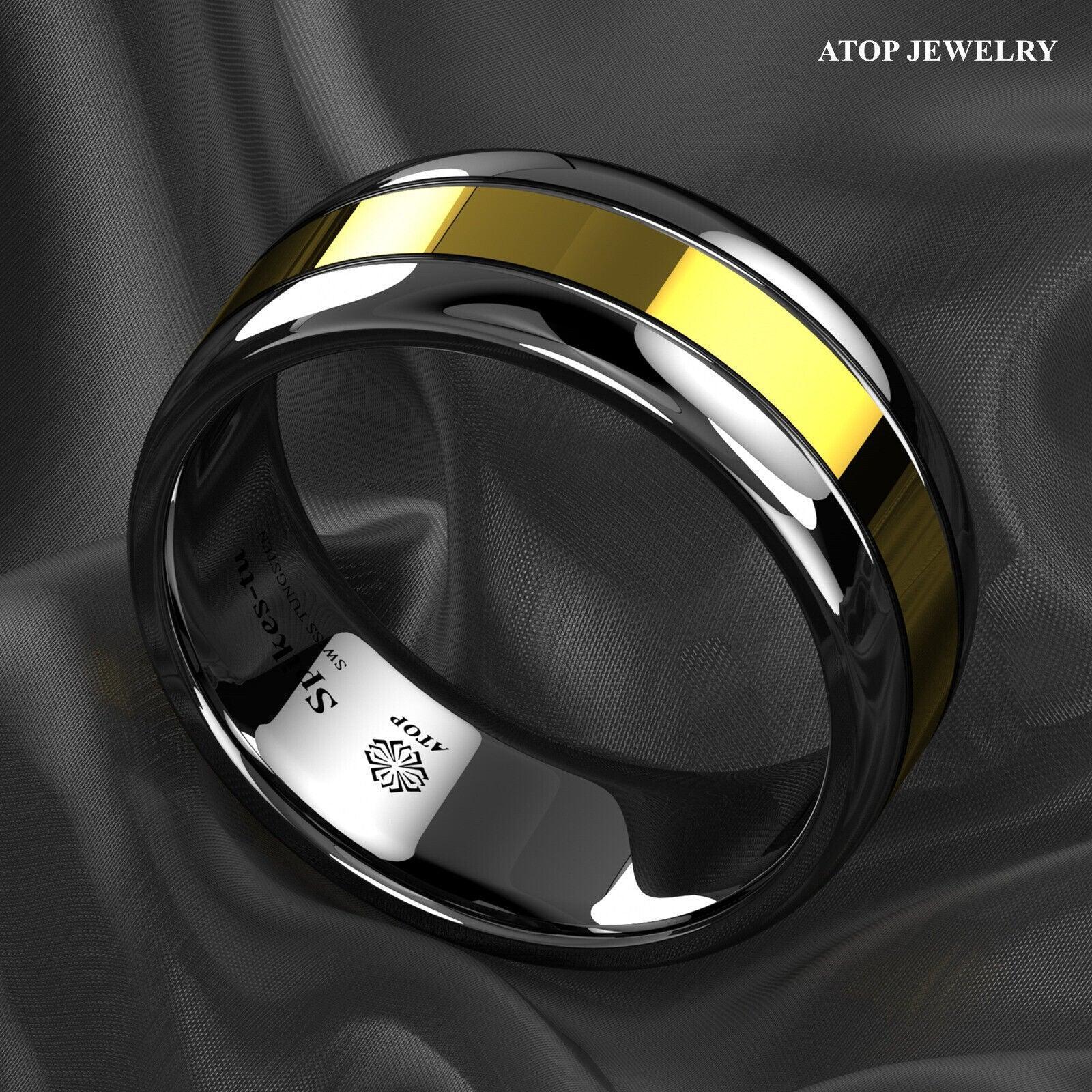 Tungsten Rings for Men Wedding Bands for Him Womens Wedding Bands for Her 8mm Dome Black Grooved Gold Center - Jewelry Store by Erik Rayo
