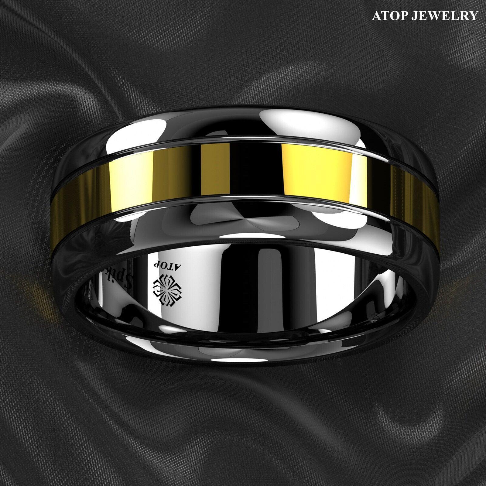 Tungsten Rings for Men Wedding Bands for Him Womens Wedding Bands for Her 8mm Dome Black Grooved Gold Center - Jewelry Store by Erik Rayo