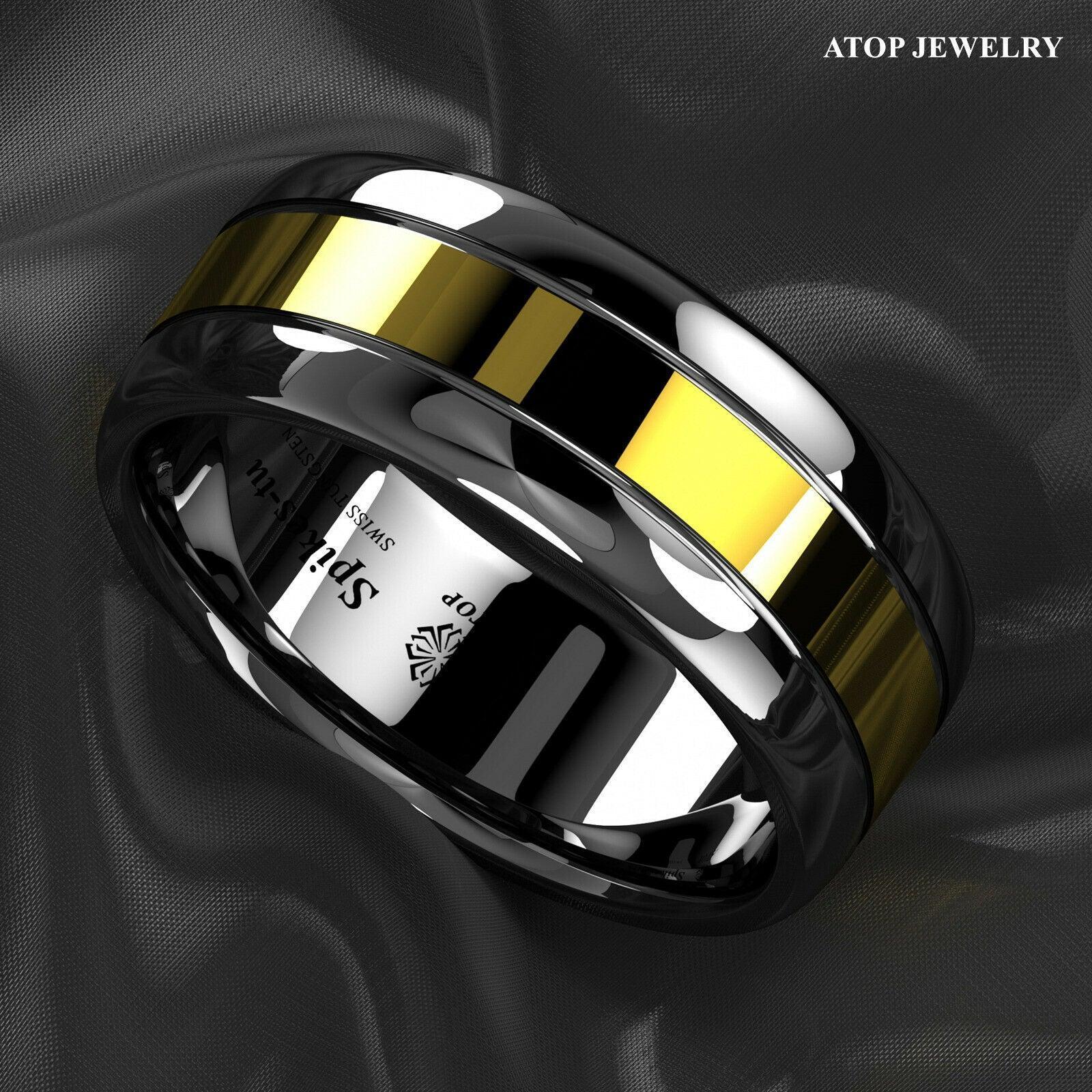 Tungsten Rings for Men Wedding Bands for Him Womens Wedding Bands for Her 8mm Dome Black Grooved Gold Center - Jewelry Store by Erik Rayo