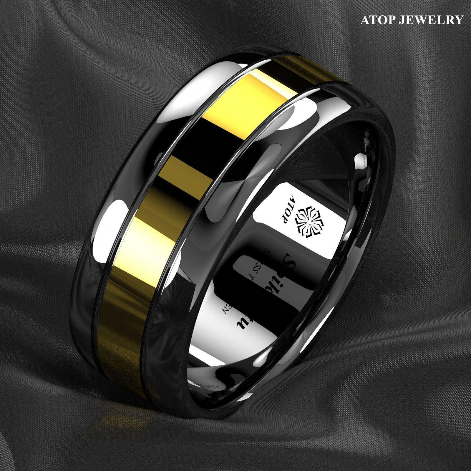 Tungsten Rings for Men Wedding Bands for Him Womens Wedding Bands for Her 8mm Dome Black Grooved Gold Center - Jewelry Store by Erik Rayo