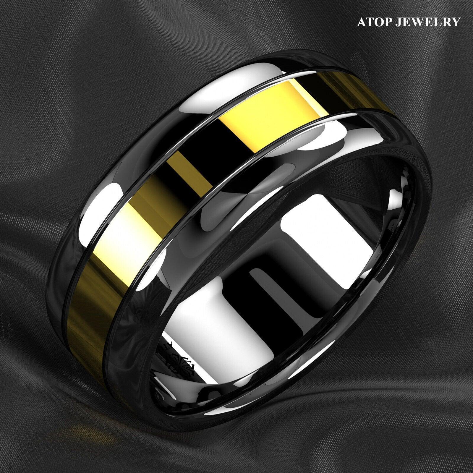 Tungsten Rings for Men Wedding Bands for Him Womens Wedding Bands for Her 8mm Dome Black Grooved Gold Center - Jewelry Store by Erik Rayo