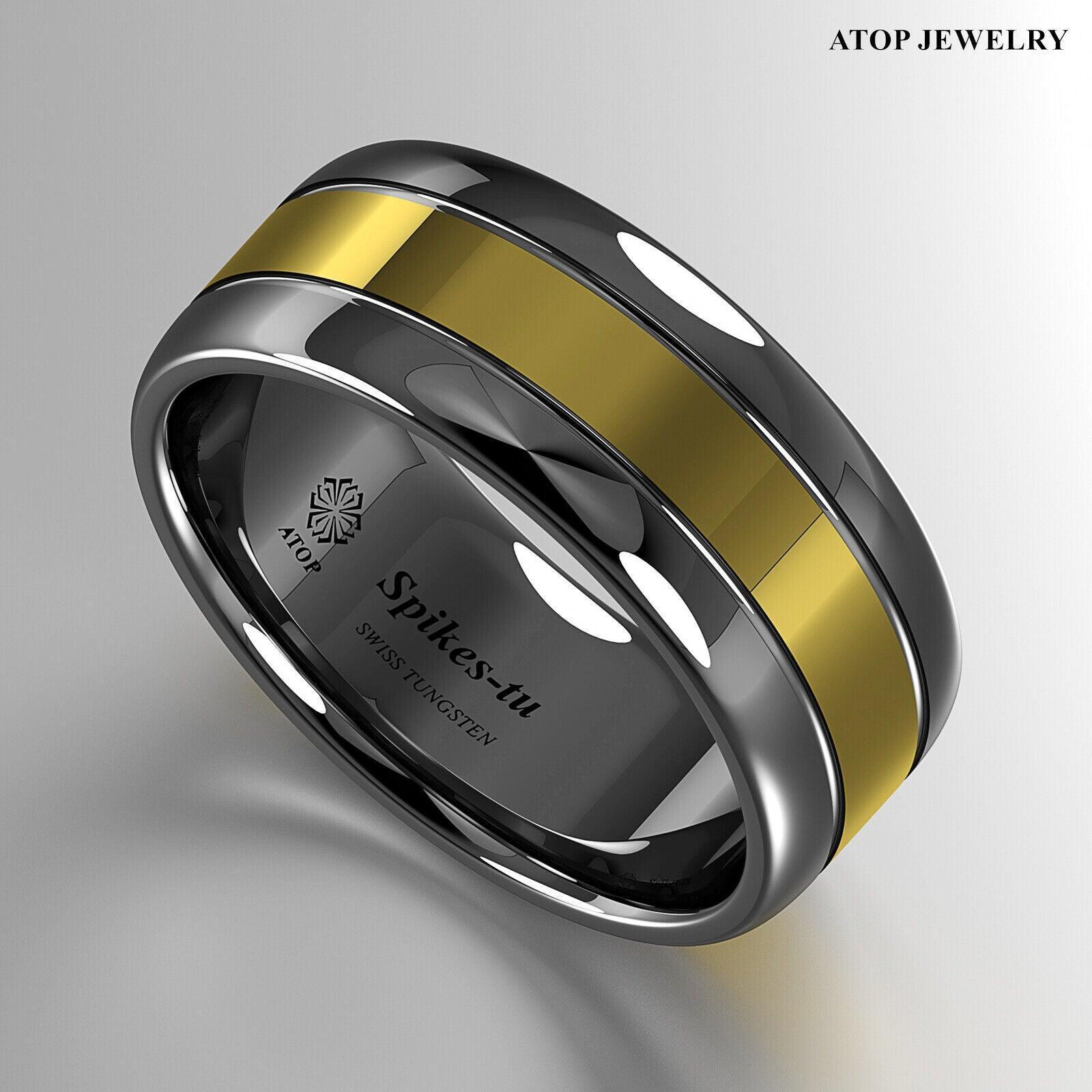 Tungsten Rings for Men Wedding Bands for Him Womens Wedding Bands for Her 8mm Dome Black Grooved Gold Center - Jewelry Store by Erik Rayo
