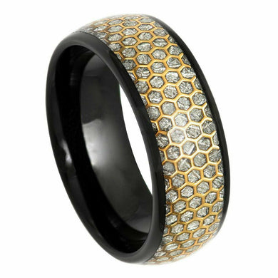 Men's Wedding Band Ring - Black IP Honeycomb Cutout with Meteorite Inlay - Dome Design for Men and Women