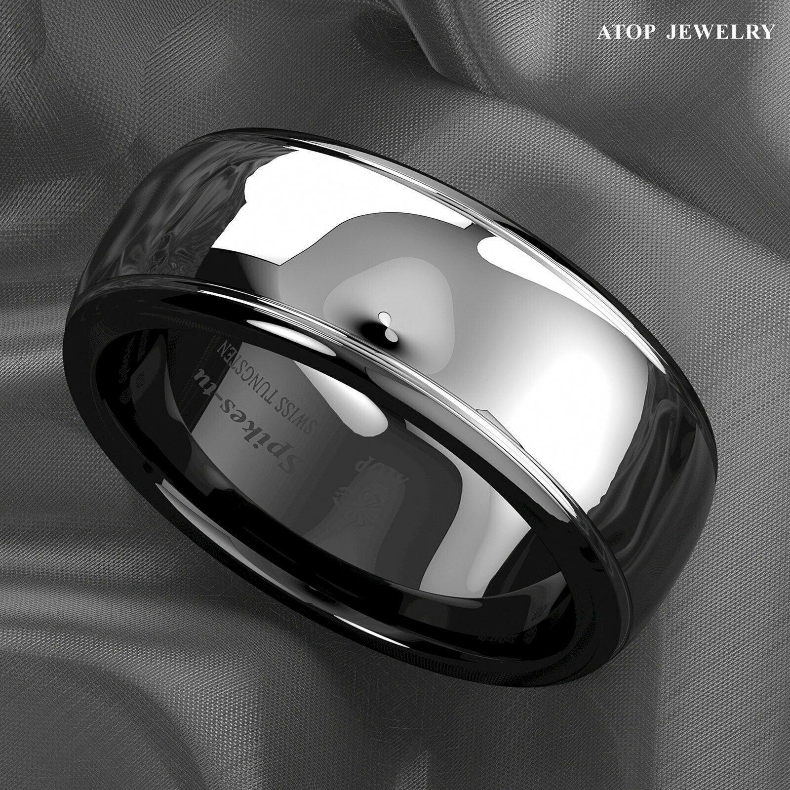 Tungsten Rings for Men Wedding Bands for Him Womens Wedding Bands for Her 8mm Dome Black Silver Center - Jewelry Store by Erik Rayo