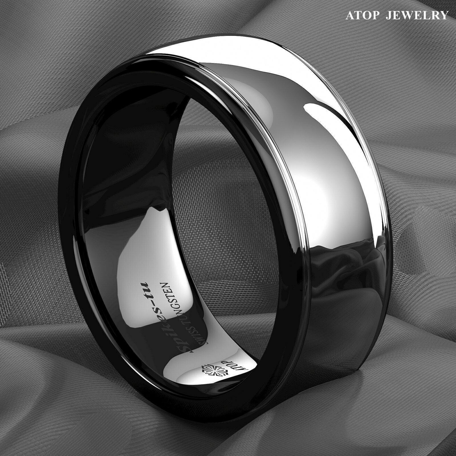 Tungsten Rings for Men Wedding Bands for Him Womens Wedding Bands for Her 8mm Dome Black Silver Center - Jewelry Store by Erik Rayo