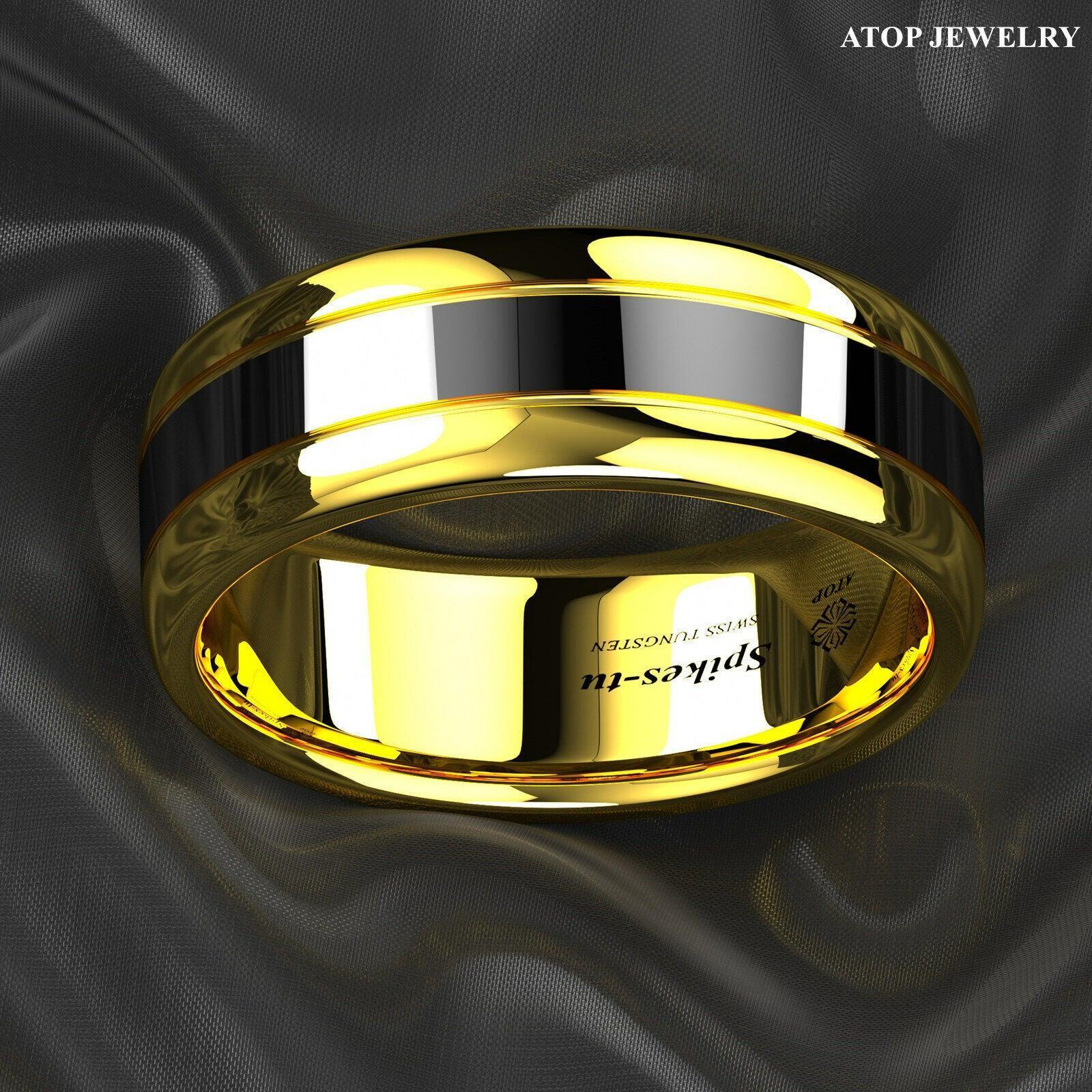 Tungsten Rings for Men Wedding Bands for Him Womens Wedding Bands for Her 8mm Dome Polish Gold Black Center - Jewelry Store by Erik Rayo