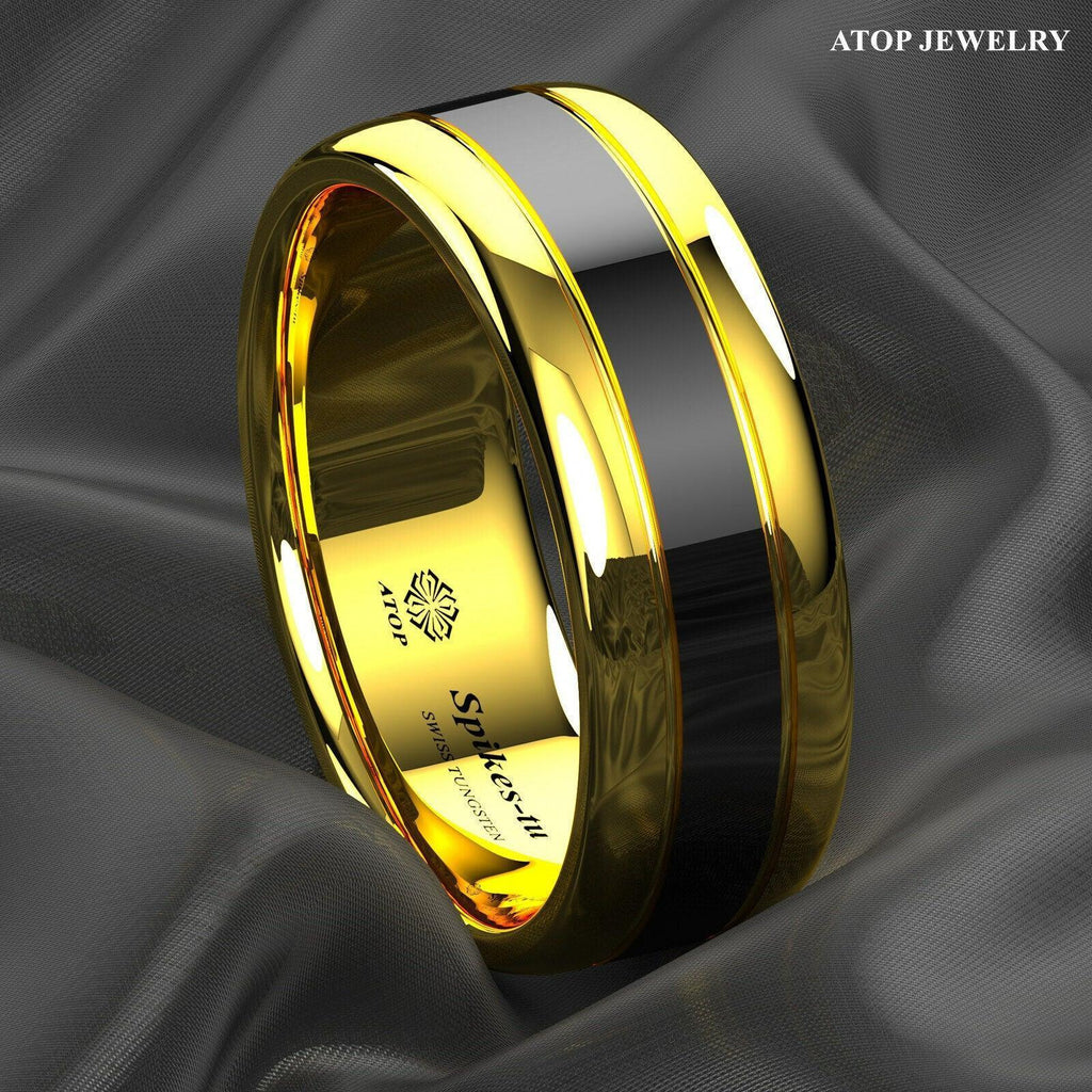 Tungsten Rings for Men Wedding Bands for Him Womens Wedding Bands for Her 8mm Dome Polish Gold Black Center - Jewelry Store by Erik Rayo