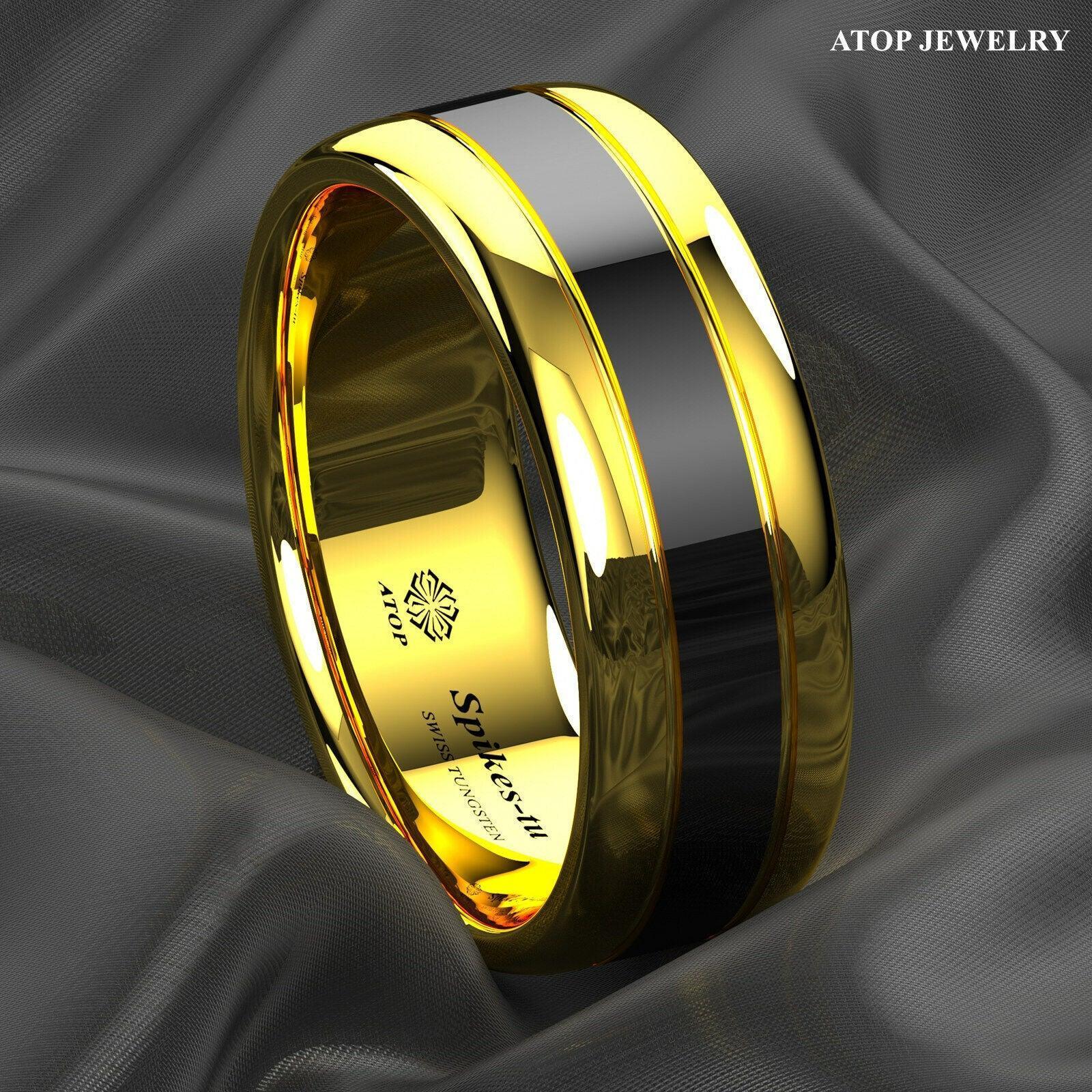 Tungsten Rings for Men Wedding Bands for Him Womens Wedding Bands for Her 8mm Dome Polish Gold Black Center - Jewelry Store by Erik Rayo