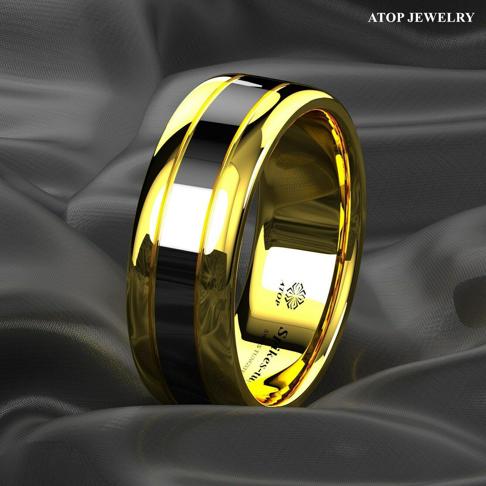 Tungsten Rings for Men Wedding Bands for Him Womens Wedding Bands for Her 8mm Dome Polish Gold Black Center - Jewelry Store by Erik Rayo