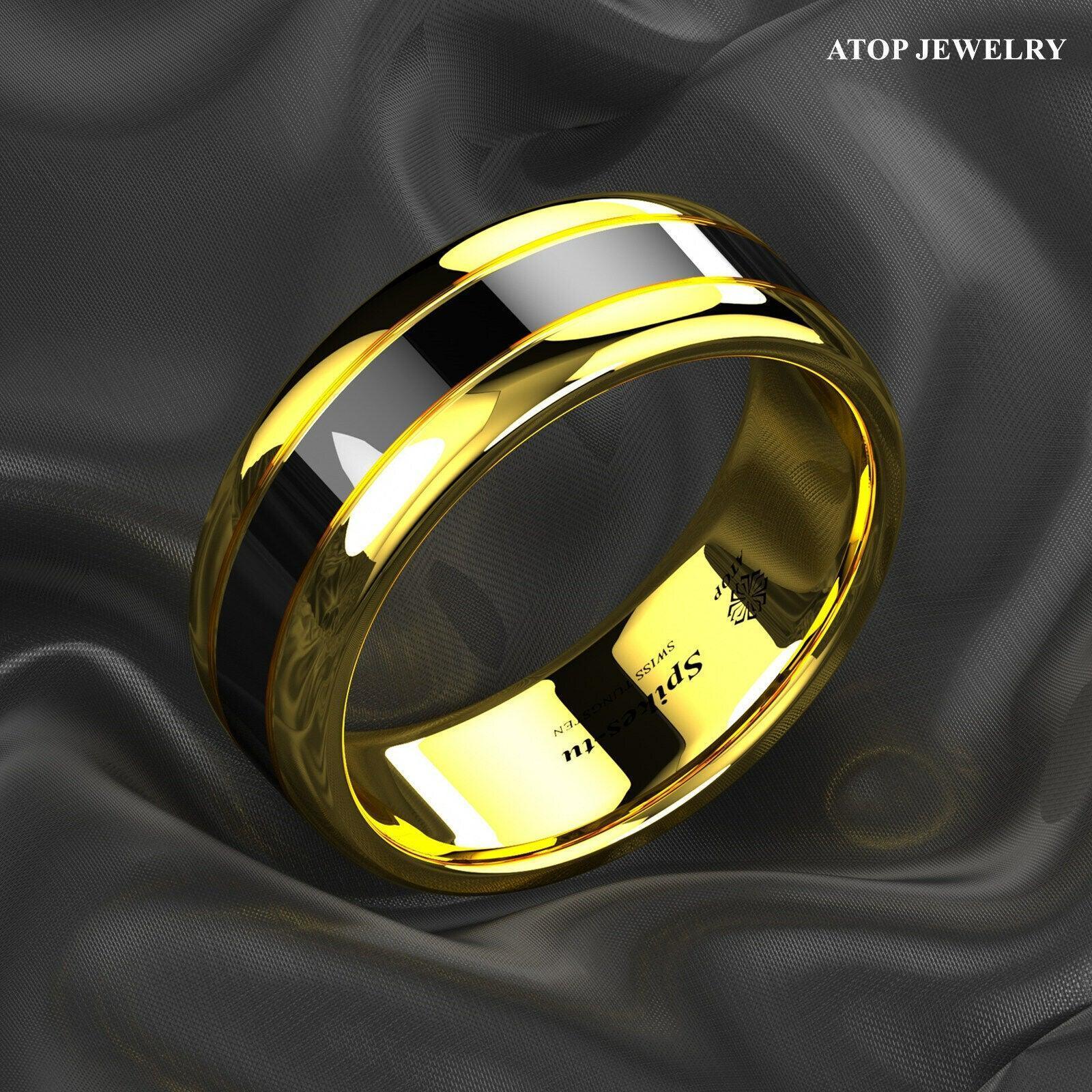 Tungsten Rings for Men Wedding Bands for Him Womens Wedding Bands for Her 8mm Dome Polish Gold Black Center - Jewelry Store by Erik Rayo
