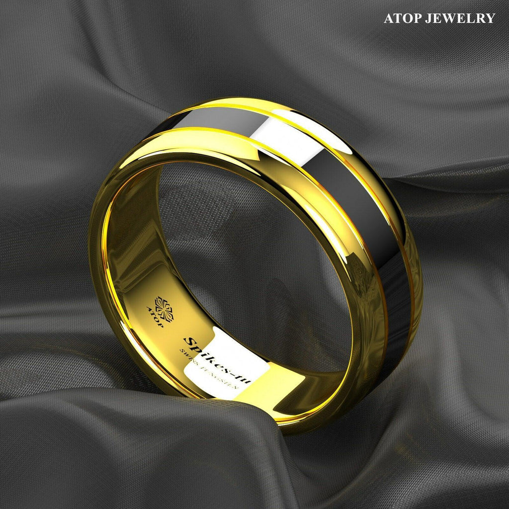 Tungsten Rings for Men Wedding Bands for Him Womens Wedding Bands for Her 8mm Dome Polish Gold Black Center - Jewelry Store by Erik Rayo