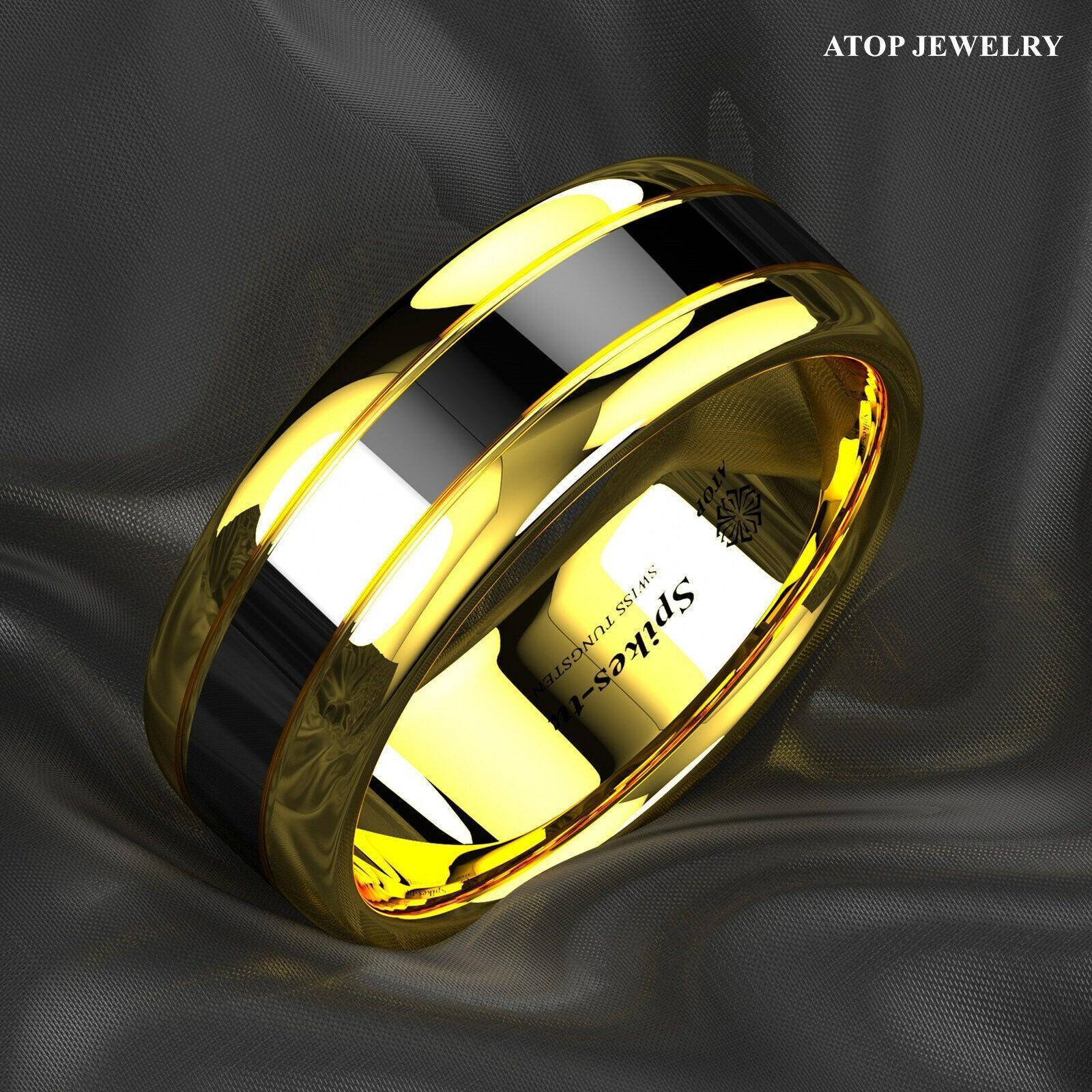 Tungsten Rings for Men Wedding Bands for Him Womens Wedding Bands for Her 8mm Dome Polish Gold Black Center - Jewelry Store by Erik Rayo