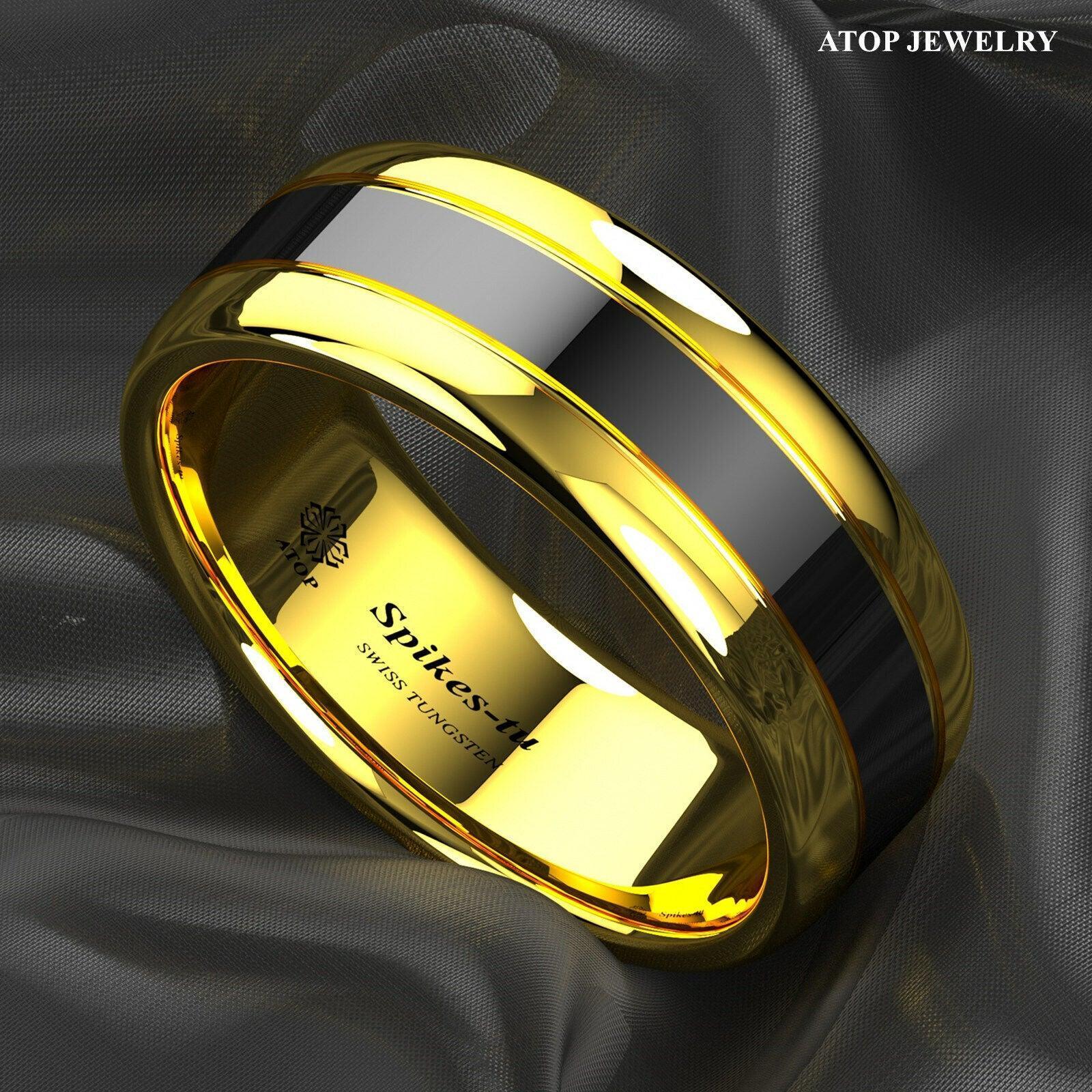 Tungsten Rings for Men Wedding Bands for Him Womens Wedding Bands for Her 8mm Dome Polish Gold Black Center - Jewelry Store by Erik Rayo