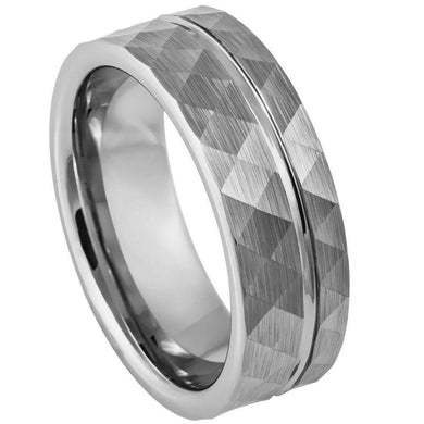 Men's Wedding Band Ring - Faceted Diamond Cut Brushed Groove Line - Wedding Rings for Men and Women