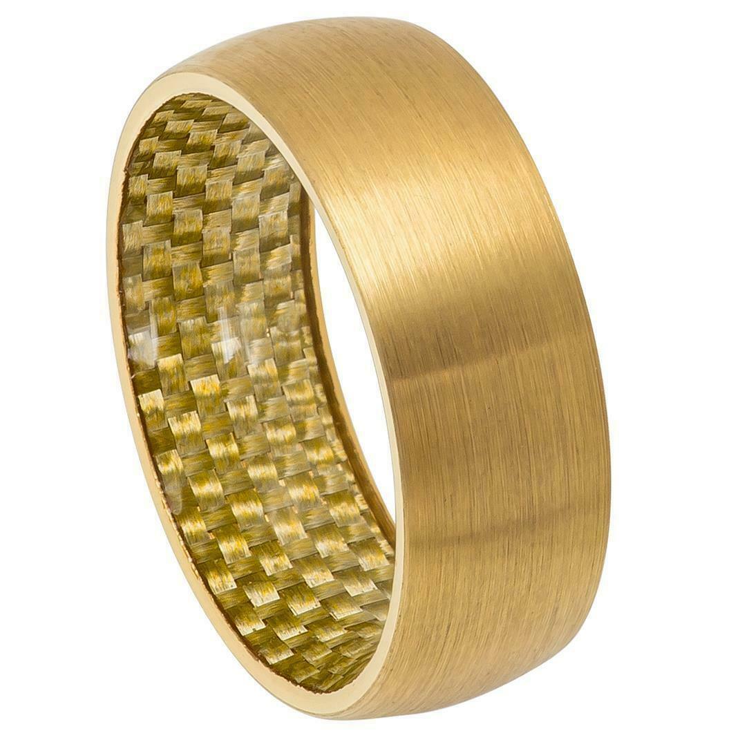 Men's Wedding Band Rings - Gold IP Plated with Fiber Inlay - Wedding Rings for Men and Women