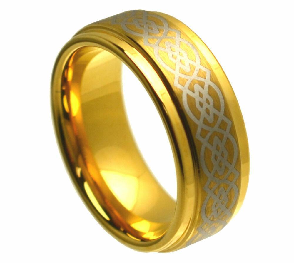 Tungsten Rings for Men Wedding Bands for Him Womens Wedding Bands for Her 8mm Gold Celtic Knot Design - Jewelry Store by Erik Rayo