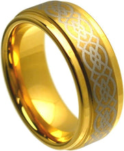 Load image into Gallery viewer, Tungsten Rings for Men Wedding Bands for Him Womens Wedding Bands for Her 8mm Gold Plated Brushed Center Celtic Design - Jewelry Store by Erik Rayo
