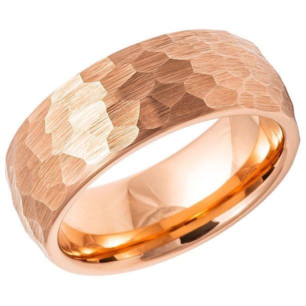 Tungsten Rings for Men Wedding Bands for Him Womens Wedding Bands for Her 8mm Hammered Brush Dome Rose Gold - Jewelry Store by Erik Rayo