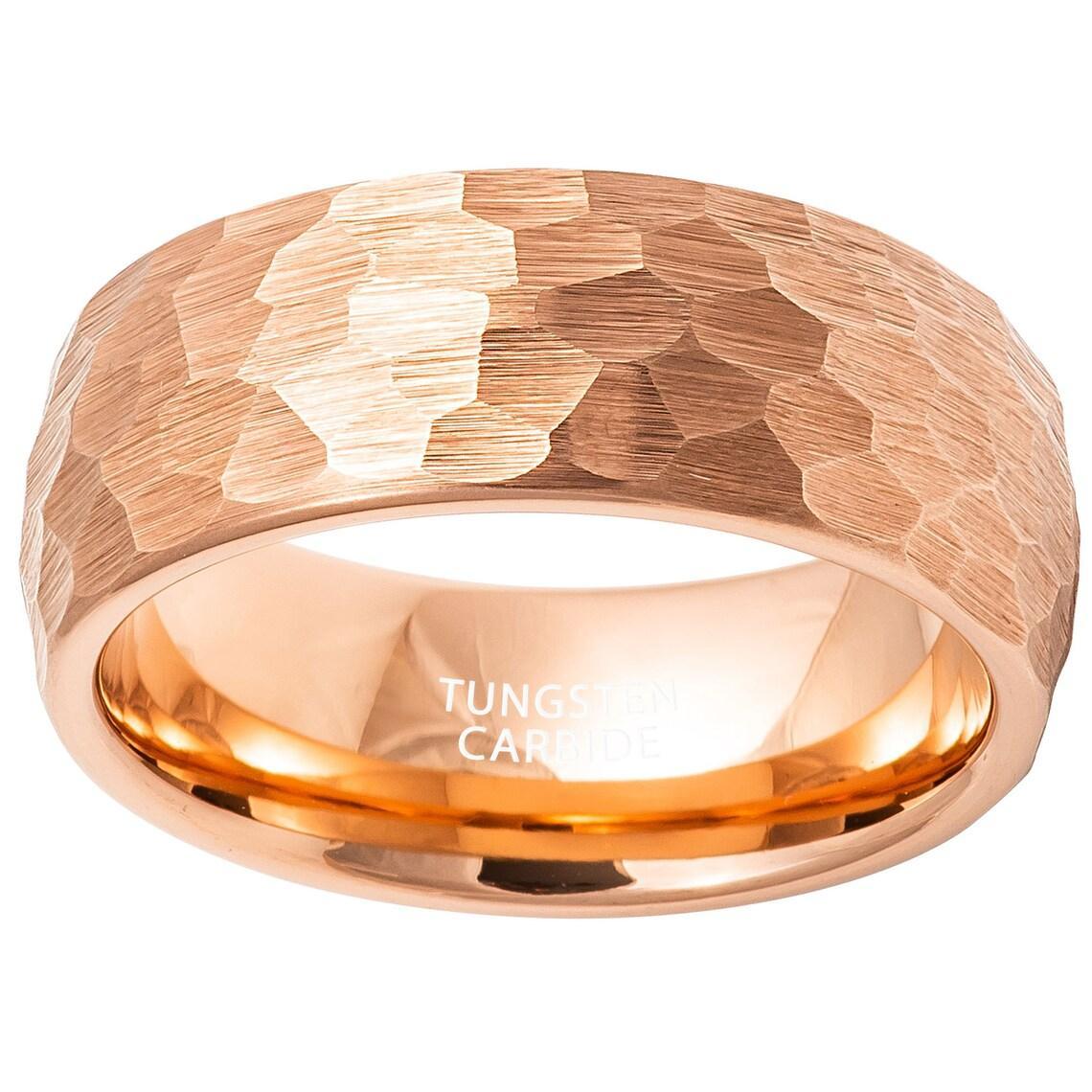 Tungsten Rings for Men Wedding Bands for Him Womens Wedding Bands for Her 8mm Hammered Brush Dome Rose Gold - Jewelry Store by Erik Rayo