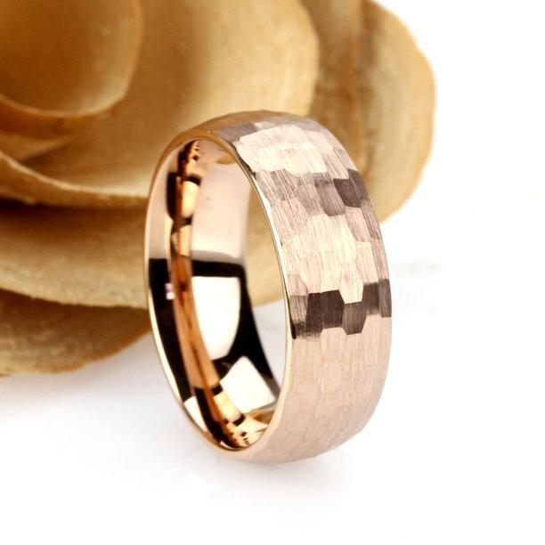 Tungsten Rings for Men Wedding Bands for Him Womens Wedding Bands for Her 8mm Hammered Brush Dome Rose Gold - Jewelry Store by Erik Rayo