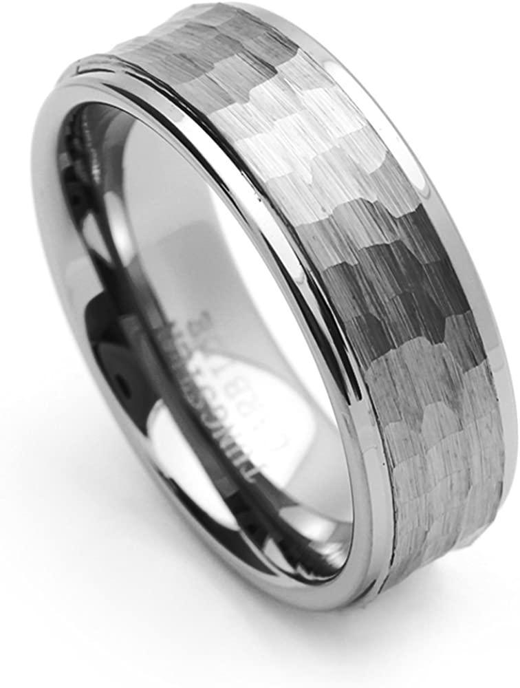 Tungsten Rings for Men Wedding Bands for Him Womens Wedding Bands for Her 8mm Hammered Center - Jewelry Store by Erik Rayo