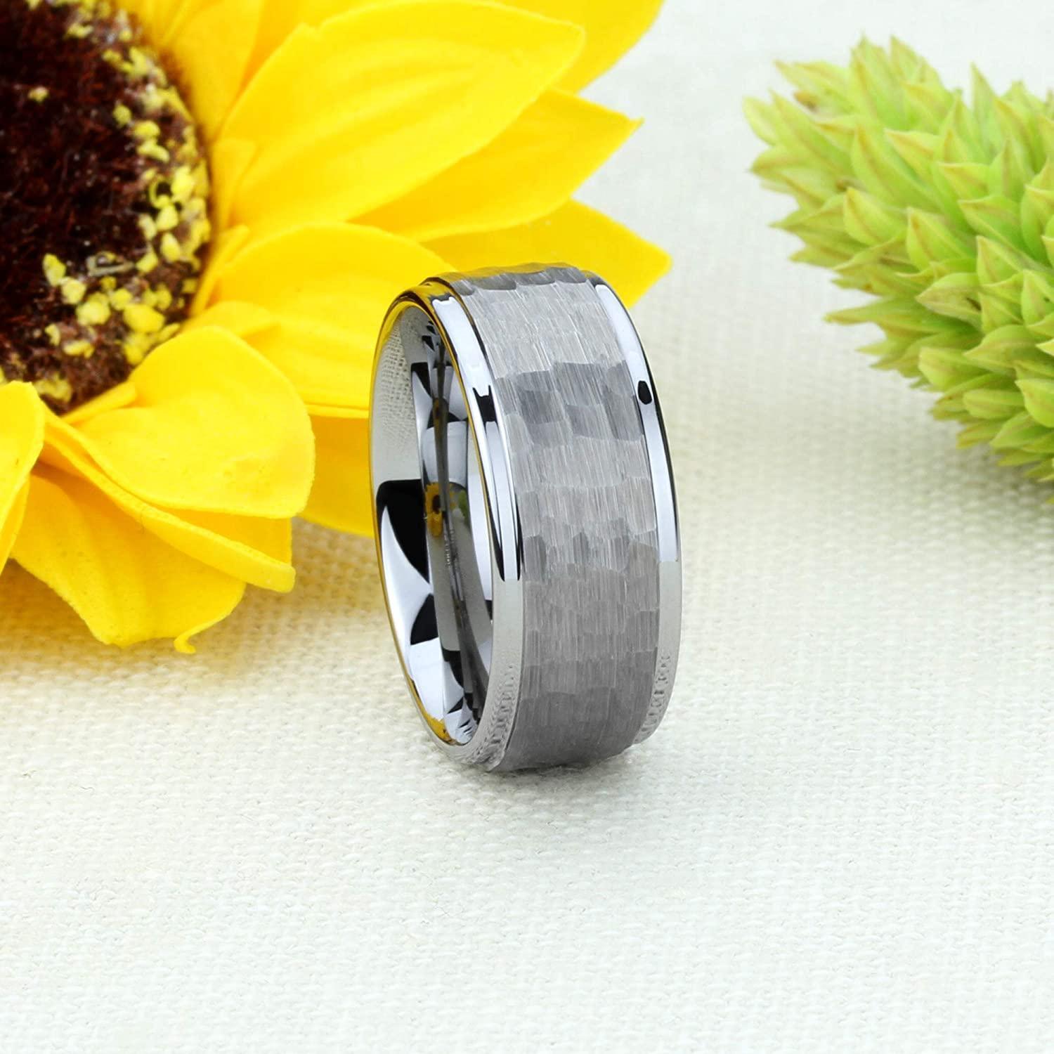 Tungsten Rings for Men Wedding Bands for Him Womens Wedding Bands for Her 8mm Hammered Center - Jewelry Store by Erik Rayo