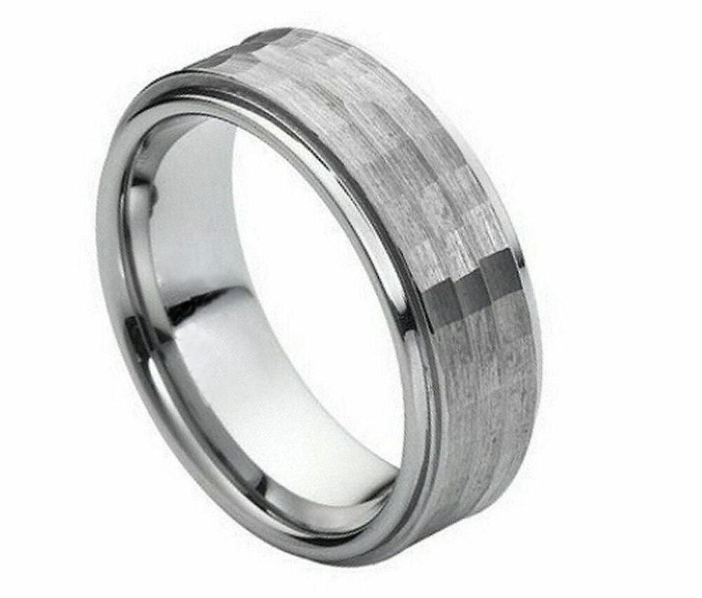 Tungsten Rings for Men Wedding Bands for Him Womens Wedding Bands for Her 8mm Hammered Center - Jewelry Store by Erik Rayo