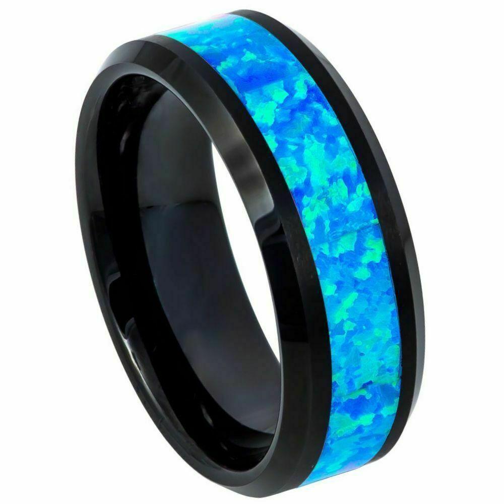 Men's Wedding Band Rings - Hawaiian Ocean Opal Blue Inlay - Wedding Rings for Men and Women