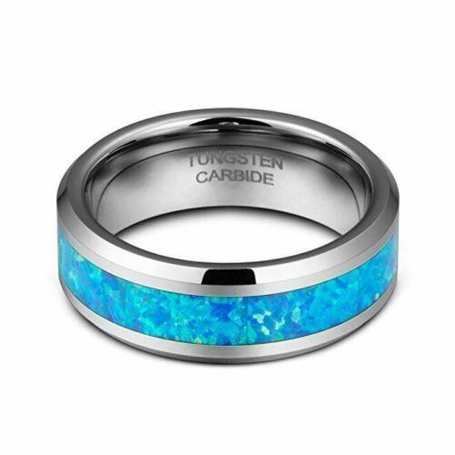 Tungsten Rings for Men Wedding Bands for Him Womens Wedding Bands for Her 8mm Hawaiian Opal Blue Inlay - Jewelry Store by Erik Rayo
