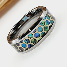 Load image into Gallery viewer, Mens Wedding Band Rings for Men Wedding Rings for Womens / Mens Rings Honeycomb Cut Out Over Abalone Inlay Yellow Gold - Jewelry Store by Erik Rayo
