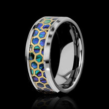 Load image into Gallery viewer, Mens Wedding Band Rings for Men Wedding Rings for Womens / Mens Rings Honeycomb Cut Out Over Abalone Inlay Yellow Gold - Jewelry Store by Erik Rayo
