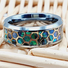 Load image into Gallery viewer, Mens Wedding Band Rings for Men Wedding Rings for Womens / Mens Rings Honeycomb Cut Out Over Abalone Inlay Yellow Gold - Jewelry Store by Erik Rayo
