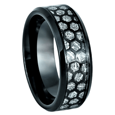 Men's Wedding Band Rings - Honeycomb Cut Out Over Meteorite Inlay - Wedding Rings for Men and Women