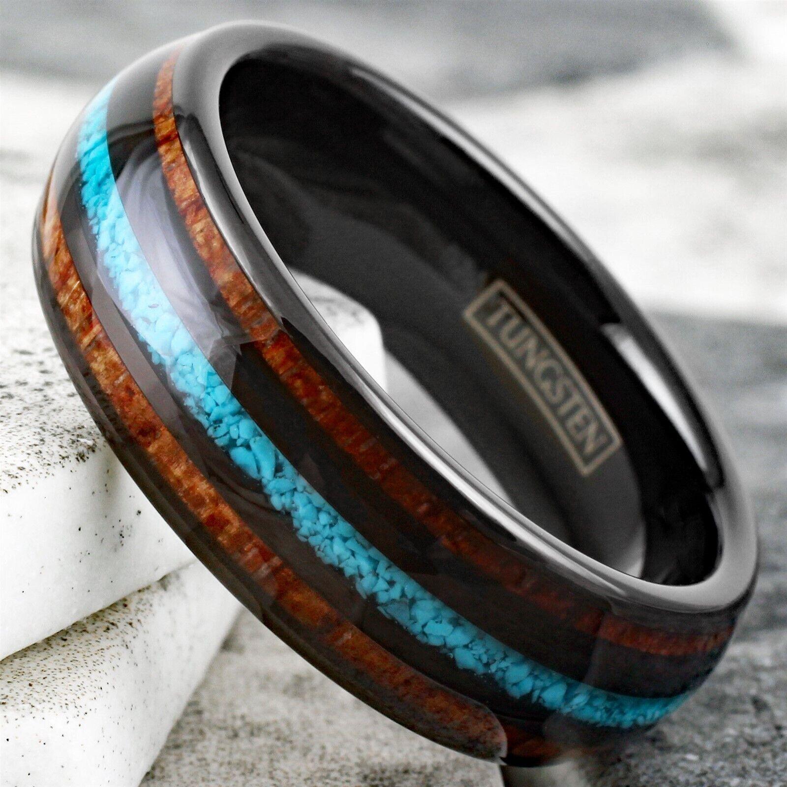 Men's Wedding Band Ring with Koa Wood and Crushed Turquoise - Perfect for Weddings and Special Occasions - Jewelry Store by Erik Rayo