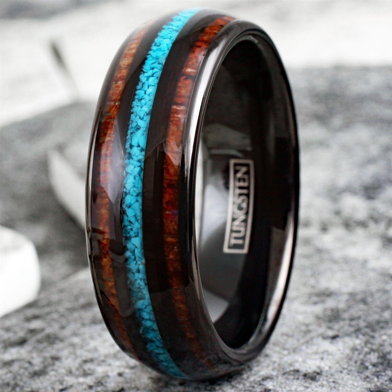 Men's Wedding Band Ring with Koa Wood and Crushed Turquoise - Perfect for Weddings and Special Occasions - Jewelry Store by Erik Rayo