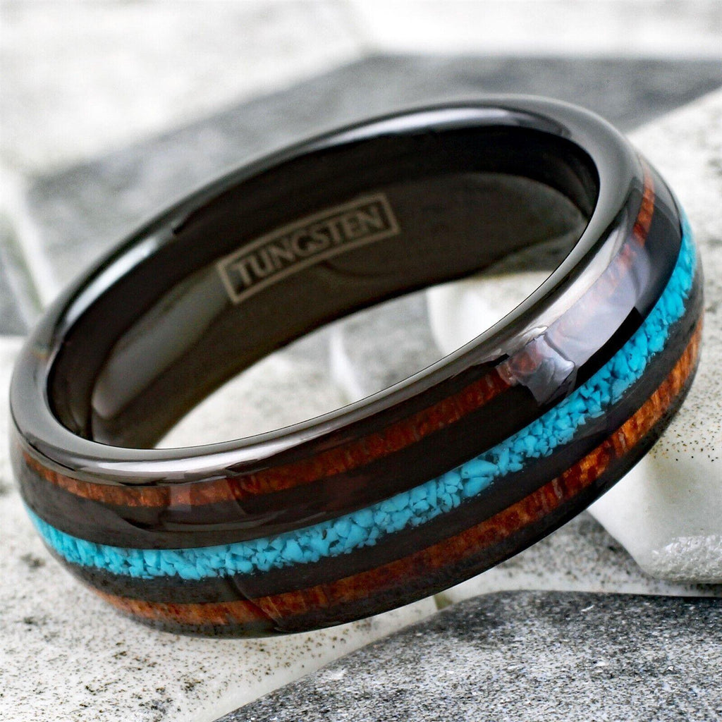 Men's Wedding Band Ring with Koa Wood and Crushed Turquoise - Perfect for Weddings and Special Occasions - Jewelry Store by Erik Rayo
