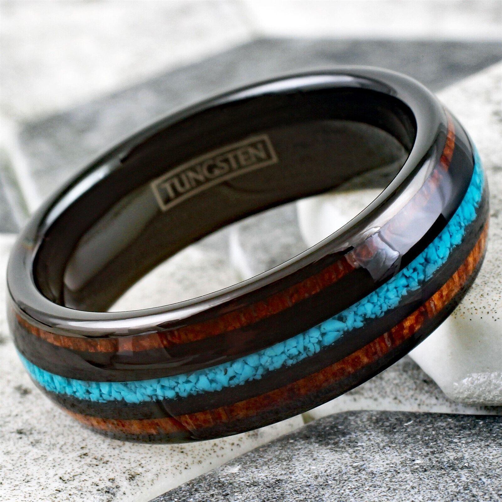 Men's Wedding Band Ring with Koa Wood and Crushed Turquoise - Perfect for Weddings and Special Occasions - Jewelry Store by Erik Rayo