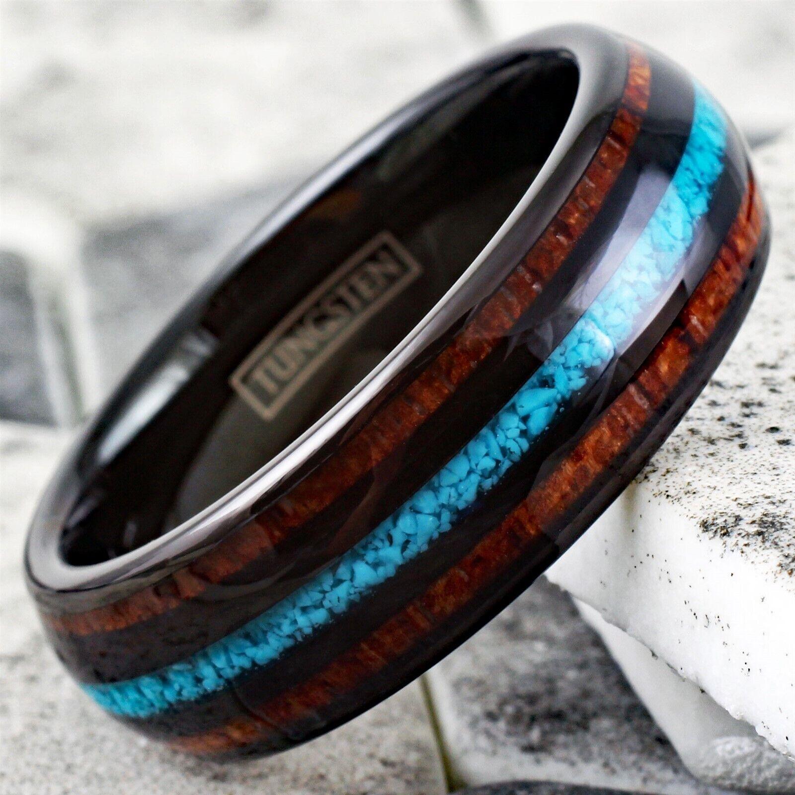 Men's Wedding Band Ring with Koa Wood and Crushed Turquoise - Perfect for Weddings and Special Occasions - Jewelry Store by Erik Rayo