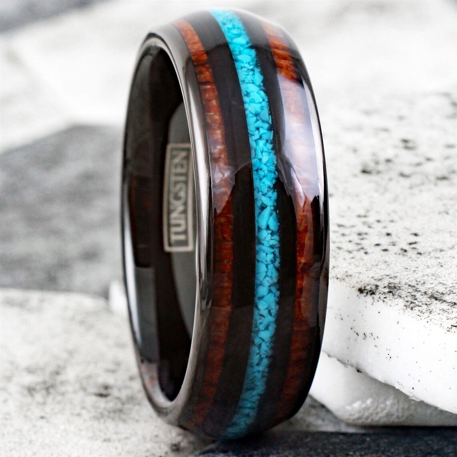 Men's Wedding Band Ring with Koa Wood and Crushed Turquoise - Perfect for Weddings and Special Occasions - Jewelry Store by Erik Rayo