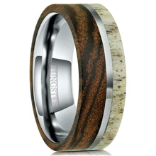 Load image into Gallery viewer, Tungsten Rings for Men Wedding Bands for Him Womens Wedding Bands for Her 8mm Offset Deer Antler and Bocote Wood Wedding Band - Jewelry Store by Erik Rayo
