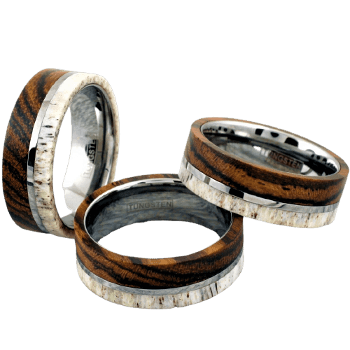 Tungsten Rings for Men Wedding Bands for Him Womens Wedding Bands for Her 8mm Offset Deer Antler and Bocote Wood Wedding Band - Jewelry Store by Erik Rayo