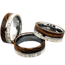 Load image into Gallery viewer, Tungsten Rings for Men Wedding Bands for Him Womens Wedding Bands for Her 8mm Offset Deer Antler and Bocote Wood Wedding Band - Jewelry Store by Erik Rayo
