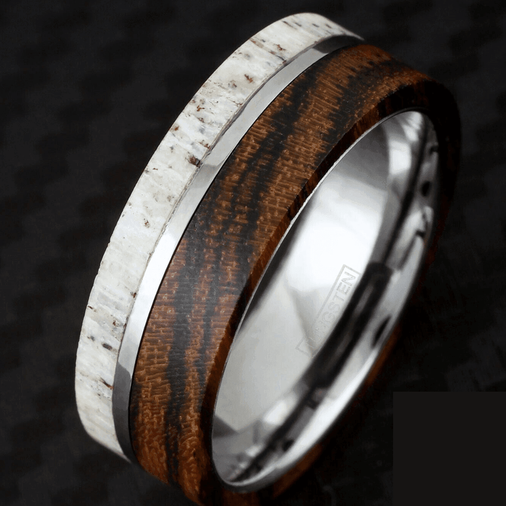 Tungsten Rings for Men Wedding Bands for Him Womens Wedding Bands for Her 8mm Offset Deer Antler and Bocote Wood Wedding Band - Jewelry Store by Erik Rayo