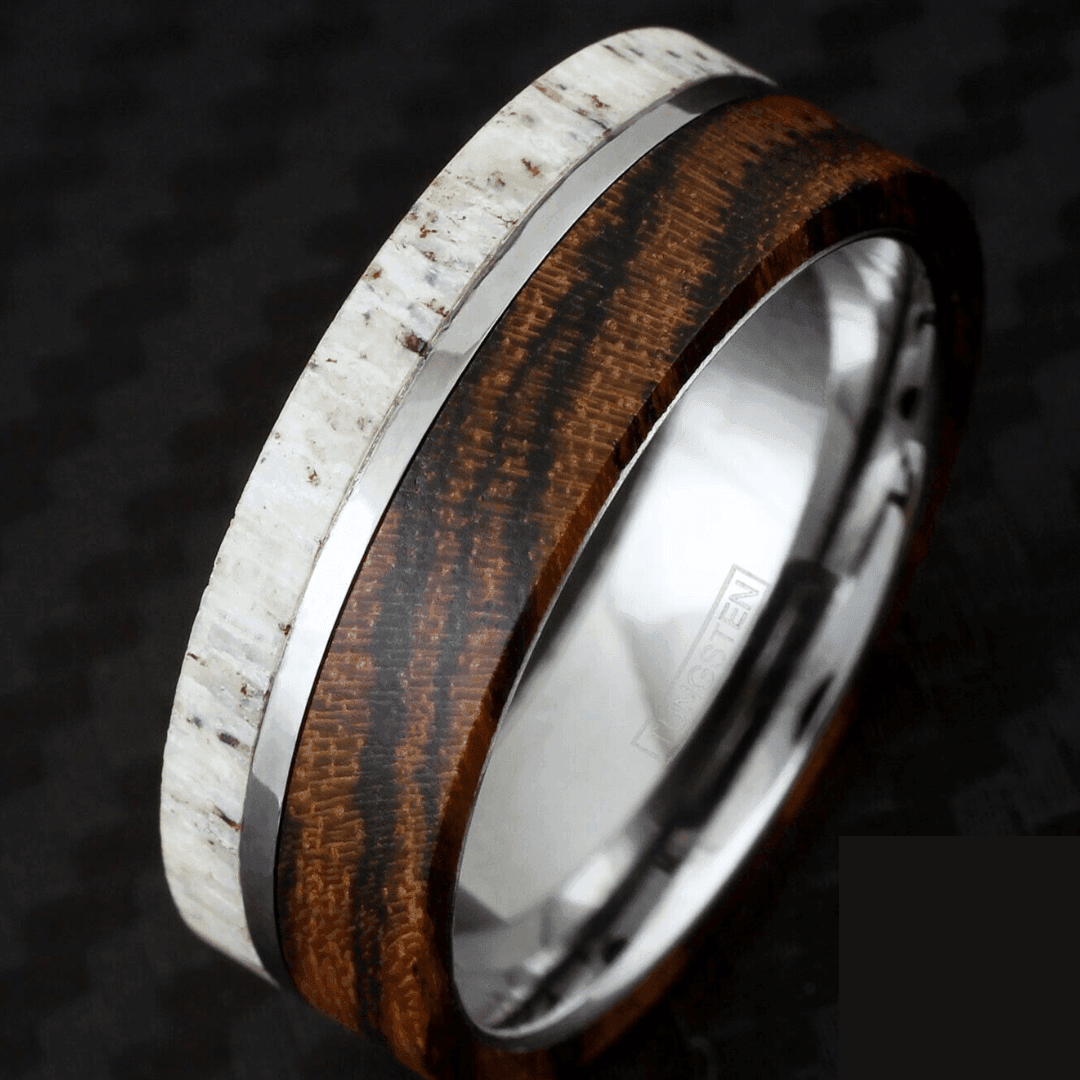 Tungsten Rings for Men Wedding Bands for Him Womens Wedding Bands for Her 8mm Offset Deer Antler and Bocote Wood Wedding Band - Jewelry Store by Erik Rayo