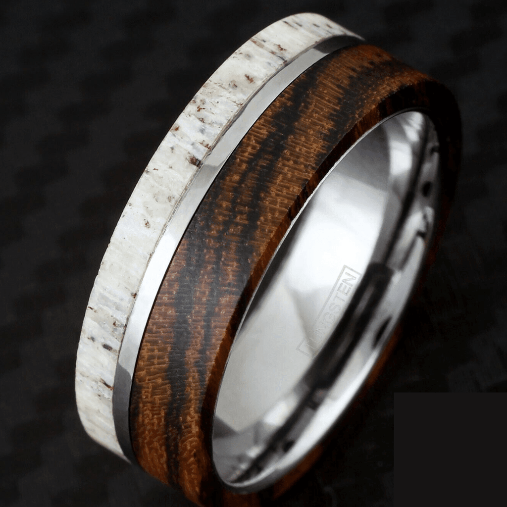 Men's Wedding Band Rings - Offset Deer Antler and Bocote Wood Wedding Ring for Men and Women - Jewelry Store by Erik Rayo