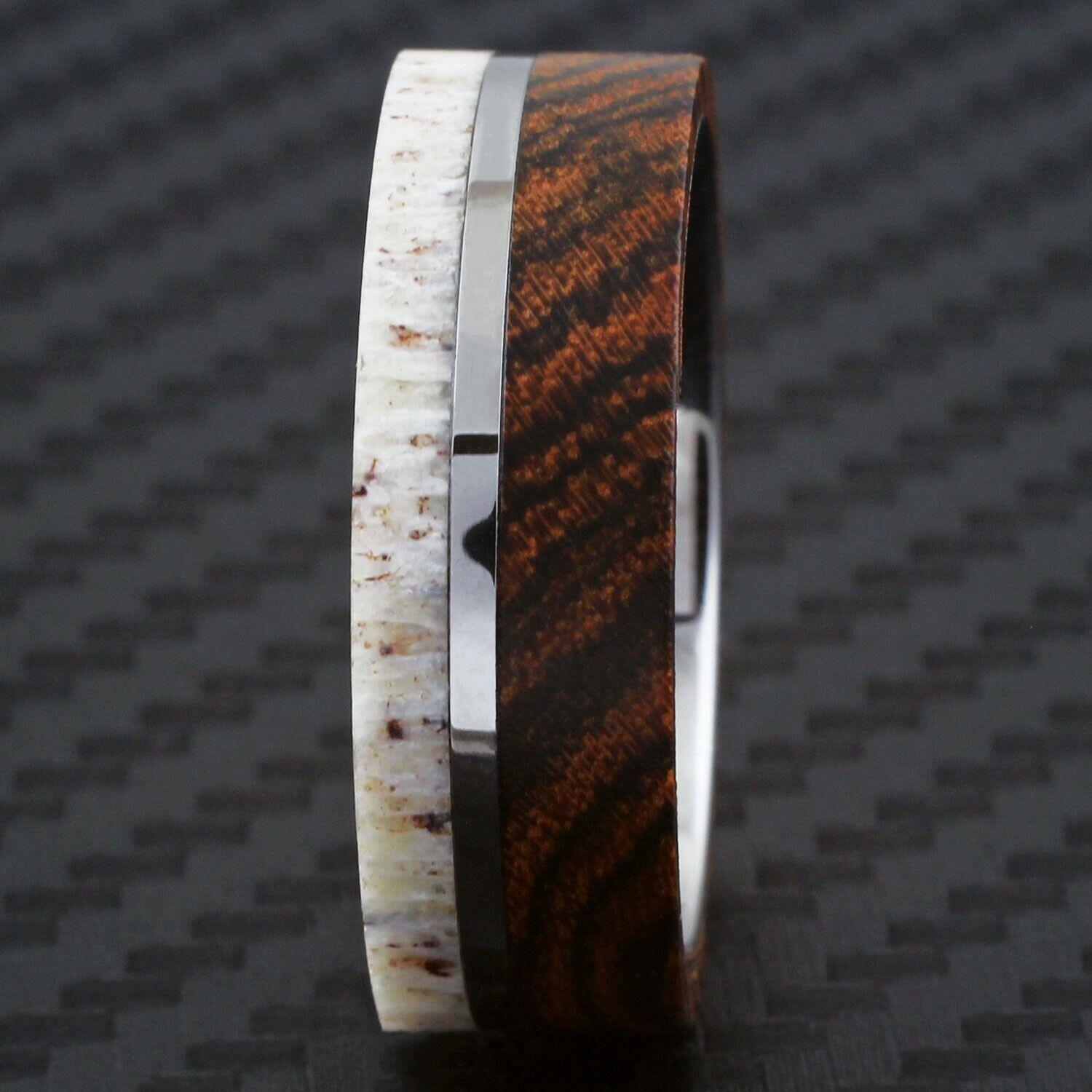 Tungsten Rings for Men Wedding Bands for Him Womens Wedding Bands for Her 8mm Offset Deer Antler and Bocote Wood Wedding Band - Jewelry Store by Erik Rayo