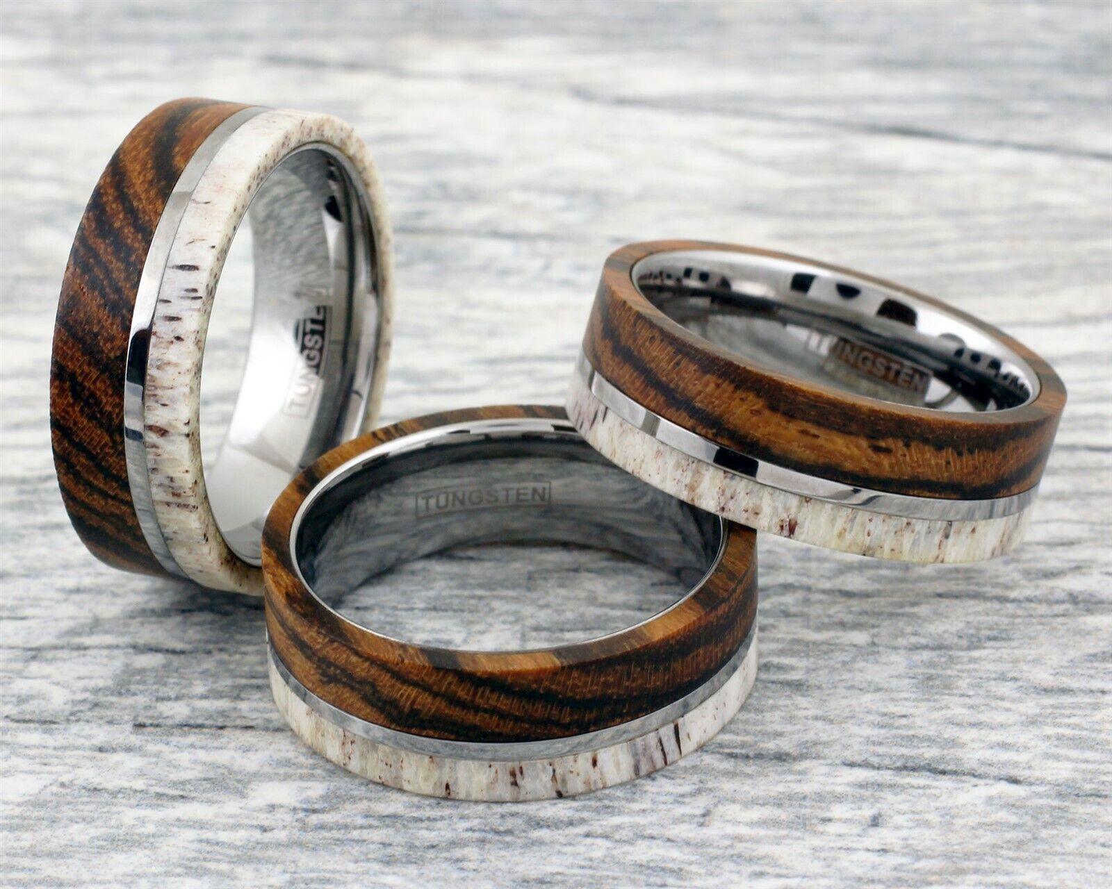 Tungsten Rings for Men Wedding Bands for Him Womens Wedding Bands for Her 8mm Offset Deer Antler and Bocote Wood Wedding Band - Jewelry Store by Erik Rayo